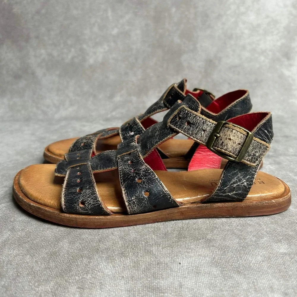Bed Stu Sue Womens Sz 7 Distressed Black Red Leather Rustic Gladiator Sandals